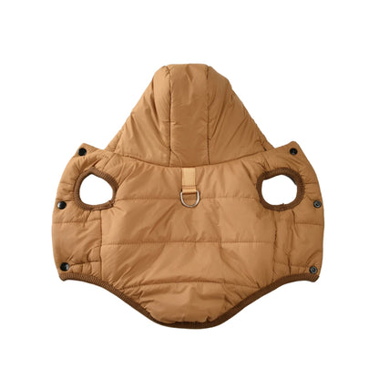brown fleece dog coat hoodie for small dogs with soft lining

winter dog jacket with hood and d ring leash attachment