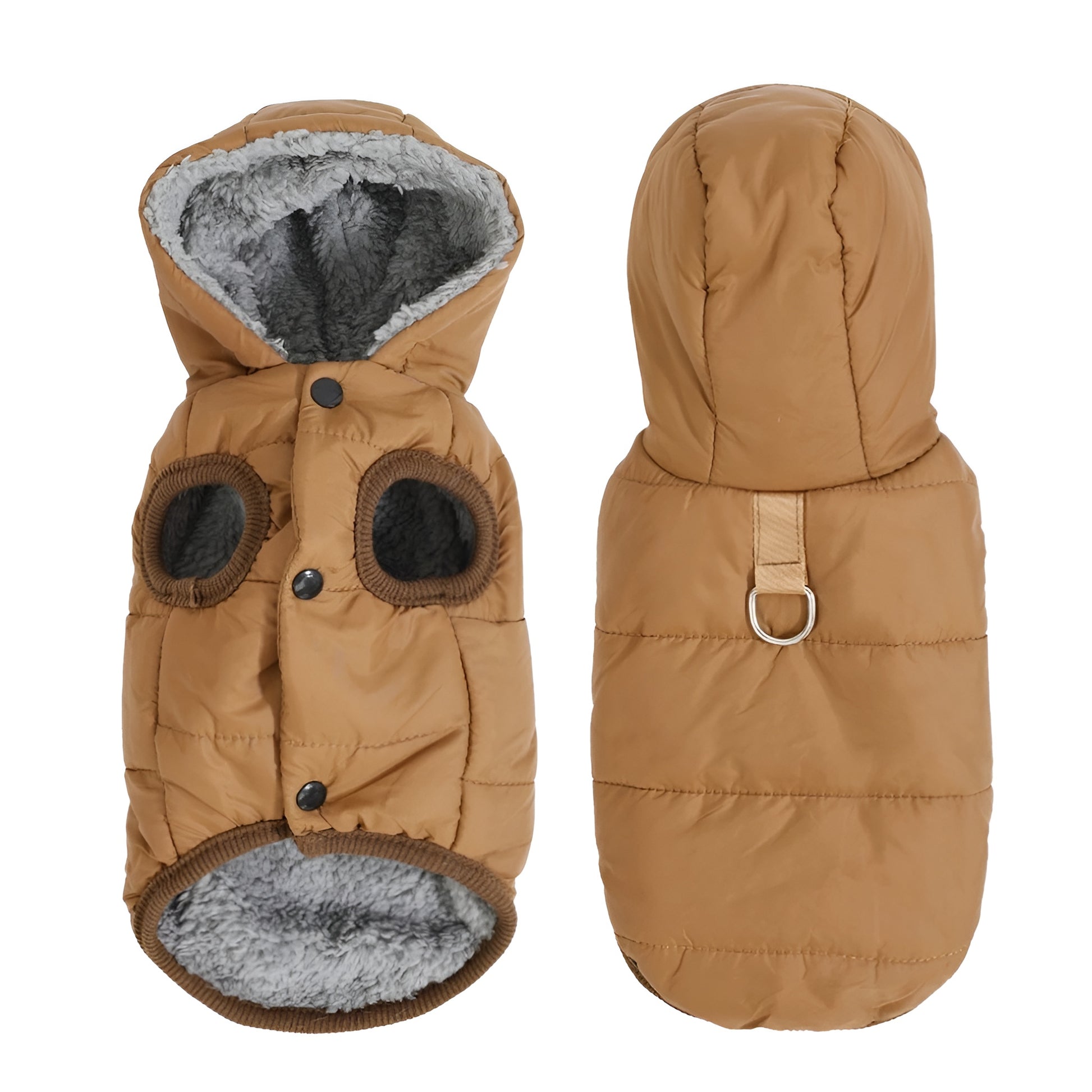 brown fleece dog coat hoodie for small dogs with soft lining

winter dog jacket with hood and d ring leash attachment

small dog coat with thick fleece interior for cold weather

dog coats and jackets for small pets in brown color

warm hooded dog jacket for puppies and small breed dogs