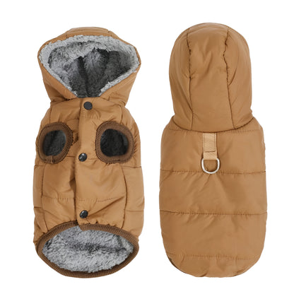 brown fleece dog coat hoodie for small dogs with soft lining

winter dog jacket with hood and d ring leash attachment

small dog coat with thick fleece interior for cold weather

dog coats and jackets for small pets in brown color

warm hooded dog jacket for puppies and small breed dogs