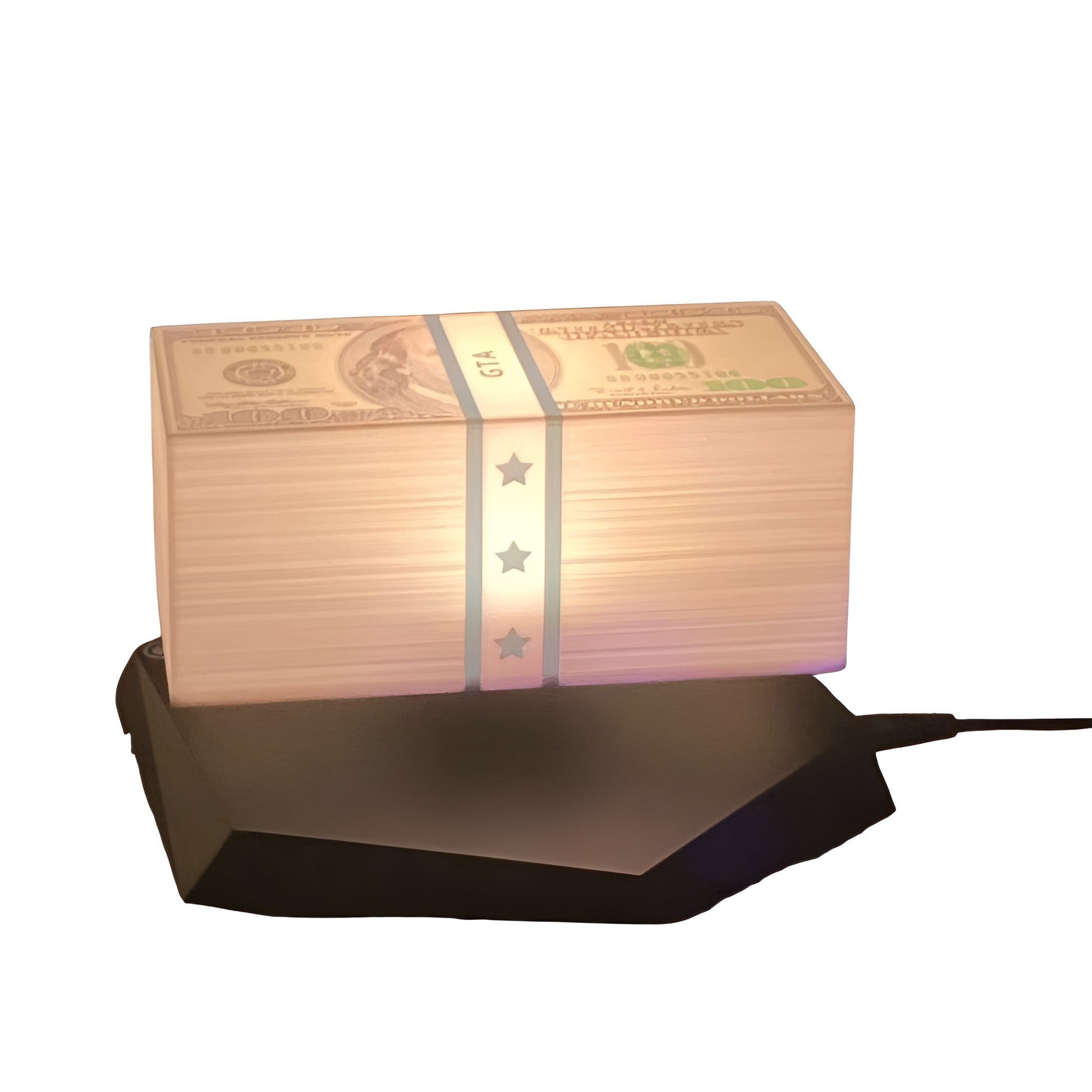 novelty lamps with glowing levitating money design on black base
magnetic levitation LED desk lamp with floating dollar-style shape
novelty LED light showing warm orange glow for office decor
floating money night light on desk with black magnetic base