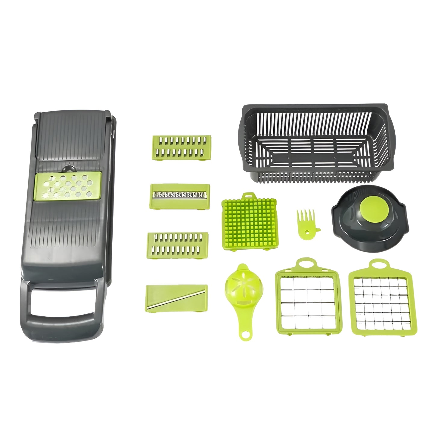 Multifunctional vegetable chopper slicing onions and vegetables on a kitchen counter
Gray kitchen gadget with stainless steel blade and clear food container
Vegetable slicer and dicer used for potatoes, onions, and chopped vegetables
Manual food chopper with handle shown cutting red onion and other ingredients
Compact kitchen chopper with interchangeable cutting surface for meal prep