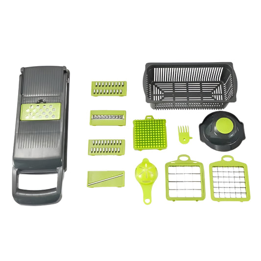 Multifunctional vegetable chopper slicing onions and vegetables on a kitchen counter
Gray kitchen gadget with stainless steel blade and clear food container
Vegetable slicer and dicer used for potatoes, onions, and chopped vegetables
Manual food chopper with handle shown cutting red onion and other ingredients
Compact kitchen chopper with interchangeable cutting surface for meal prep