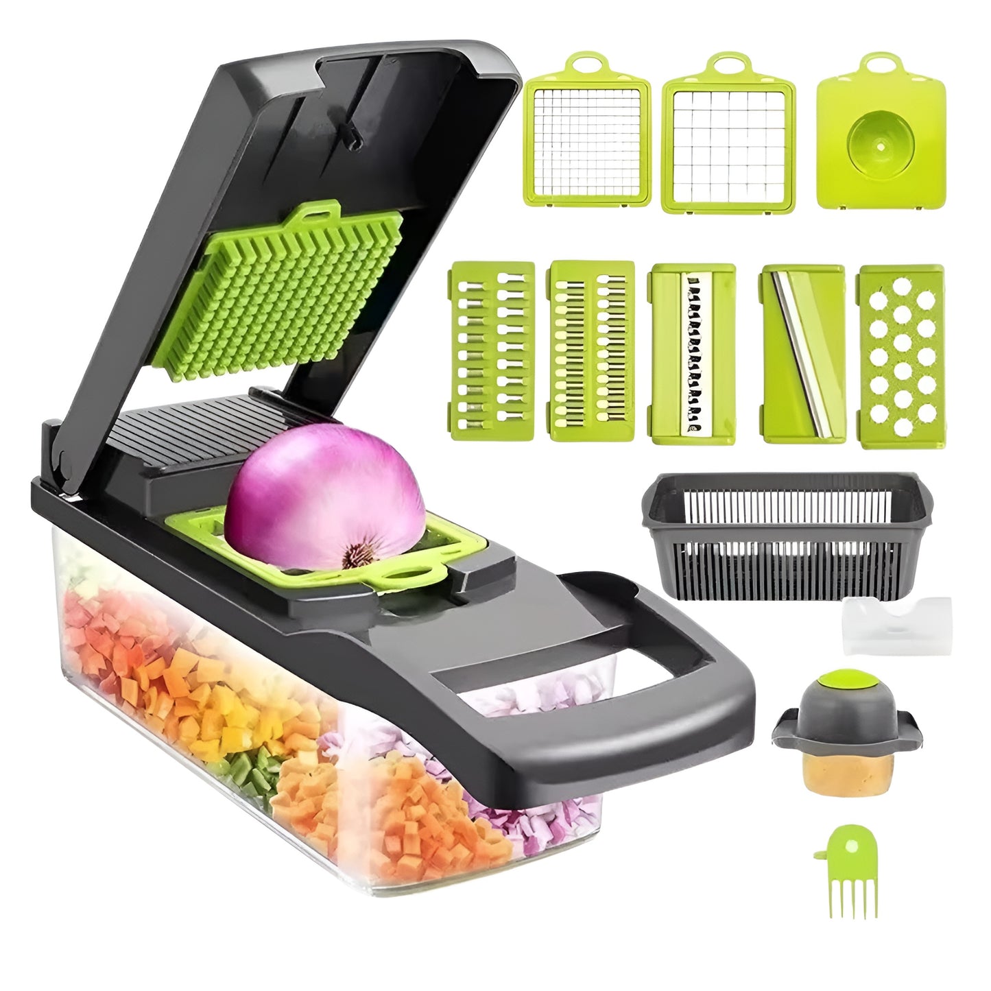 Multifunctional vegetable chopper slicing onions and vegetables on a kitchen counter
Gray kitchen gadget with stainless steel blade and clear food container
Vegetable slicer and dicer used for potatoes, onions, and chopped vegetables
Manual food chopper with handle shown cutting red onion and other ingredients
Compact kitchen chopper with interchangeable cutting surface for meal prep