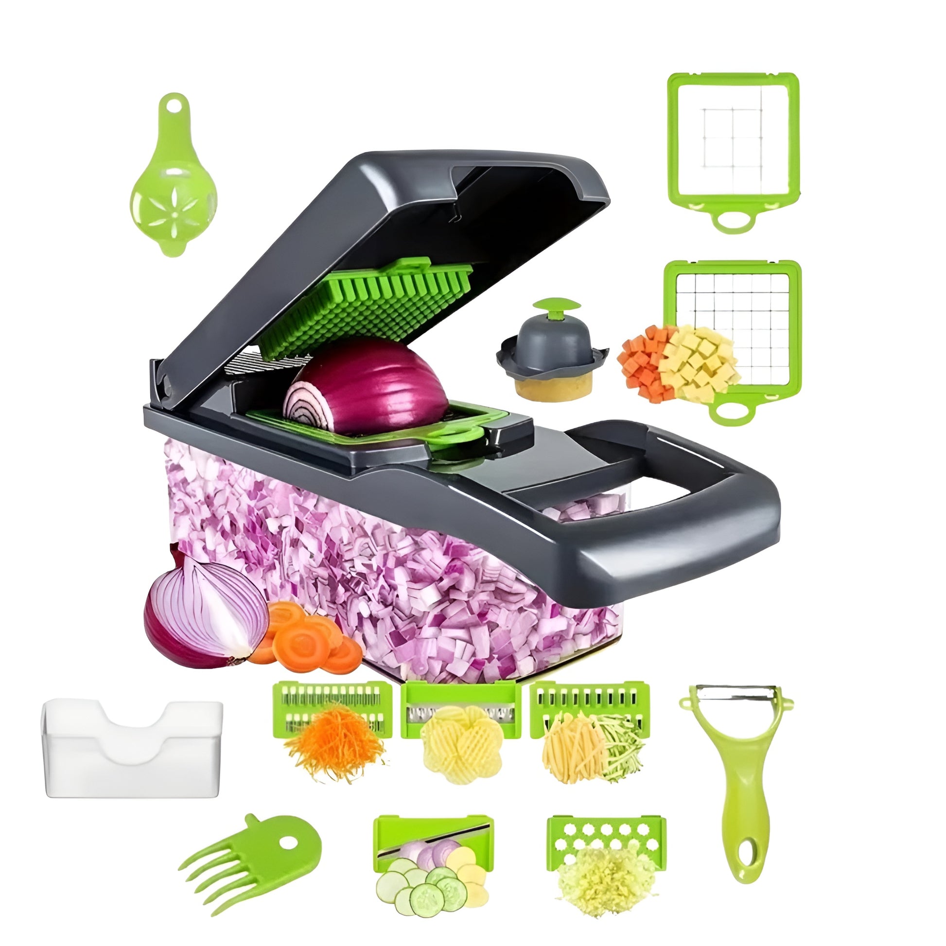 Multifunctional vegetable chopper slicing onions and vegetables on a kitchen counter
Gray kitchen gadget with stainless steel blade and clear food container
Vegetable slicer and dicer used for potatoes, onions, and chopped vegetables
Manual food chopper with handle shown cutting red onion and other ingredients
Compact kitchen chopper with interchangeable cutting surface for meal prep