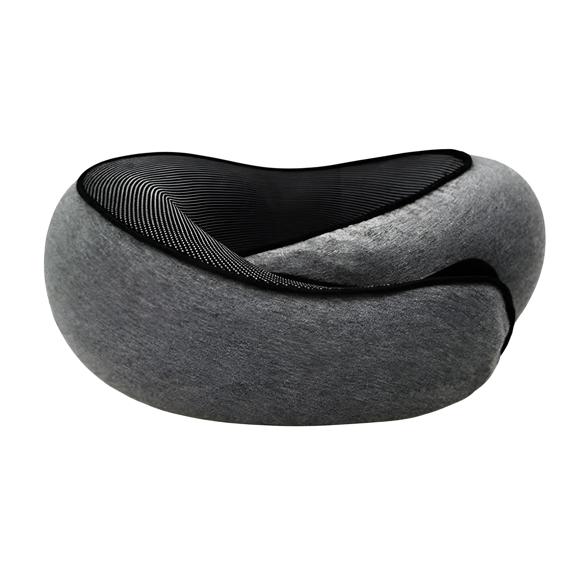 Gray memory foam travel pillow with black trim shown with size measurements
Rolled travel neck pillow placed beside black storage bag
U shaped Travel Pillows design with compact storage pouch
Gray neck pillow displayed with dimensions 32 cm by 26 cm by 14 cm
Portable travel pillow folded into a small black drawstring bag