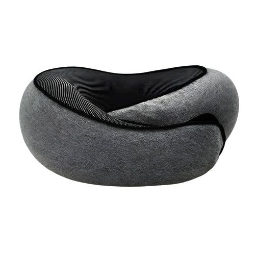 Gray memory foam travel pillow with black trim shown with size measurements
Rolled travel neck pillow placed beside black storage bag
U shaped Travel Pillows design with compact storage pouch
Gray neck pillow displayed with dimensions 32 cm by 26 cm by 14 cm
Portable travel pillow folded into a small black drawstring bag