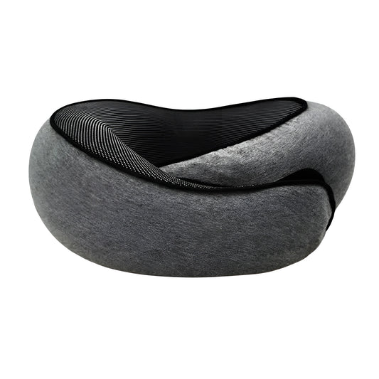 Gray memory foam travel pillow with black trim shown with size measurements
Rolled travel neck pillow placed beside black storage bag
U shaped Travel Pillows design with compact storage pouch
Gray neck pillow displayed with dimensions 32 cm by 26 cm by 14 cm
Portable travel pillow folded into a small black drawstring bag