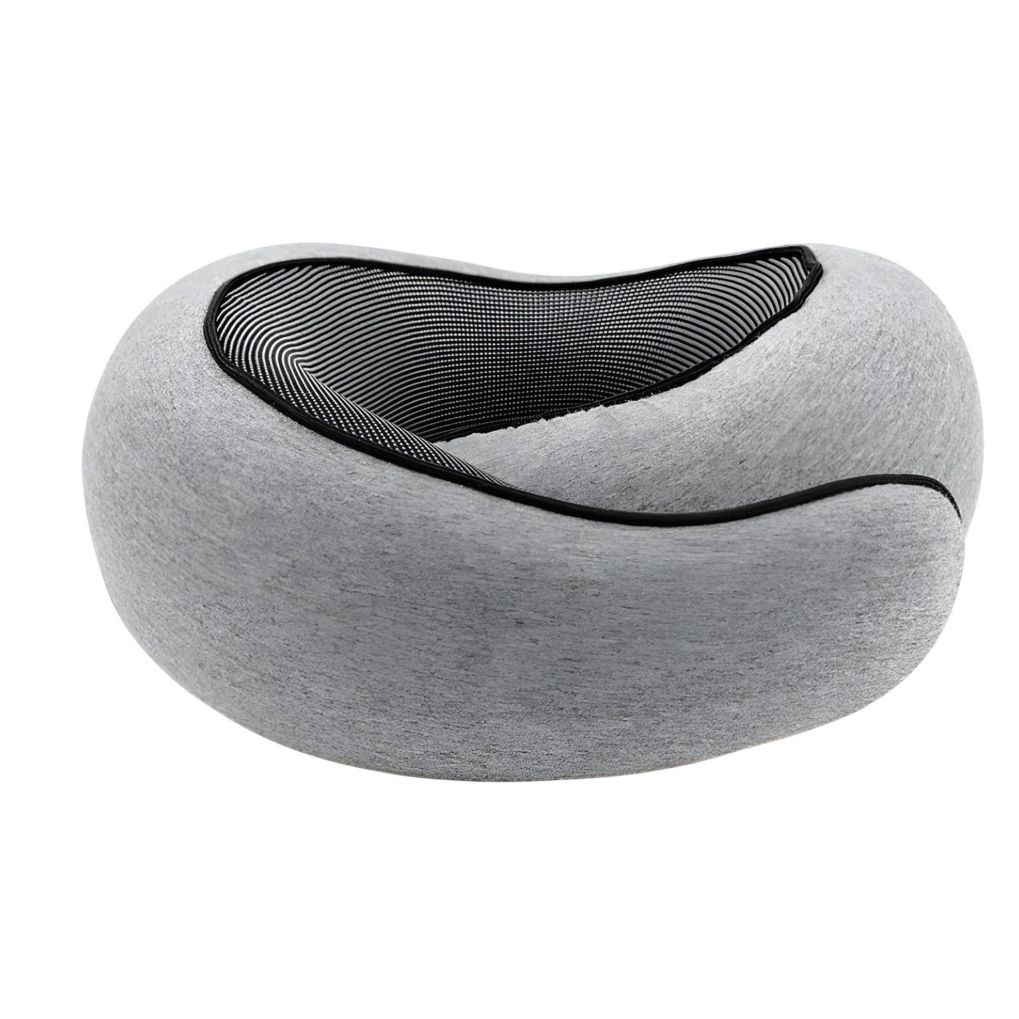 Gray memory foam travel pillow with black trim shown with size measurements
Rolled travel neck pillow placed beside black storage bag
U shaped Travel Pillows design with compact storage pouch
Gray neck pillow displayed with dimensions 32 cm by 26 cm by 14 cm
Portable travel pillow folded into a small black drawstring bag