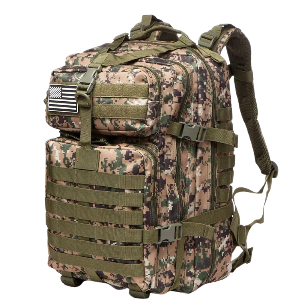 hiking backpacks shown in 25L and 50L sizes with multiple color options
outdoor hiking bag color chart with khaki green black red blue and camouflage backpacks
25L and 50L camping backpack options displayed on a white background
backpacking backpacks in solid and camouflage colors with front pockets
tactical style hiking backpacks with zipper compartments and molle webbing