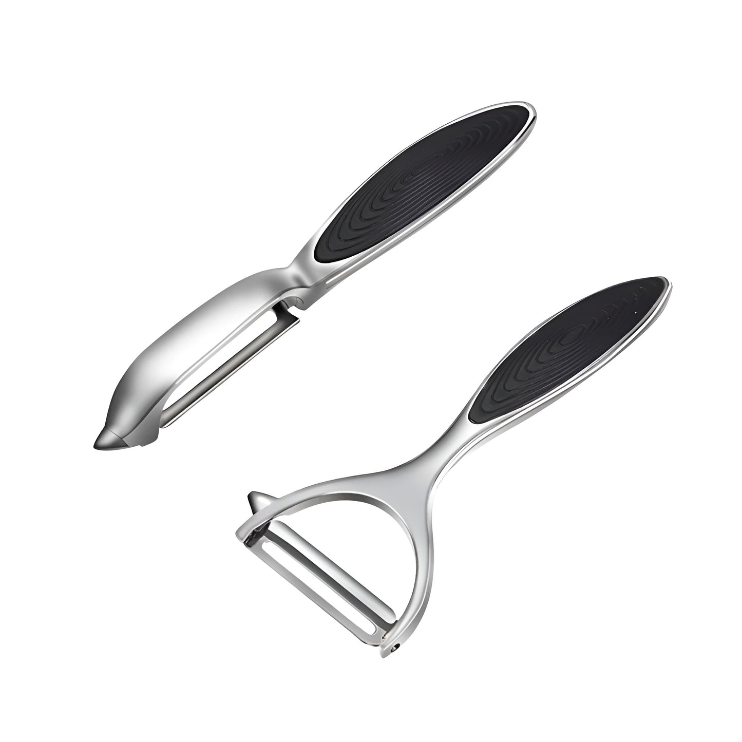 Stainless steel vegetable peeler set with black grip handles on a kitchen surface

Fruit and vegetable peeler with metal blade and ergonomic black handle

Vegetable peeler and Y peeler shown beside a wooden cutting board

Stainless steel potato peeler with black non slip handle for kitchen prep

Metal vegetable peeler tools for peeling fruits, potatoes, and carrots