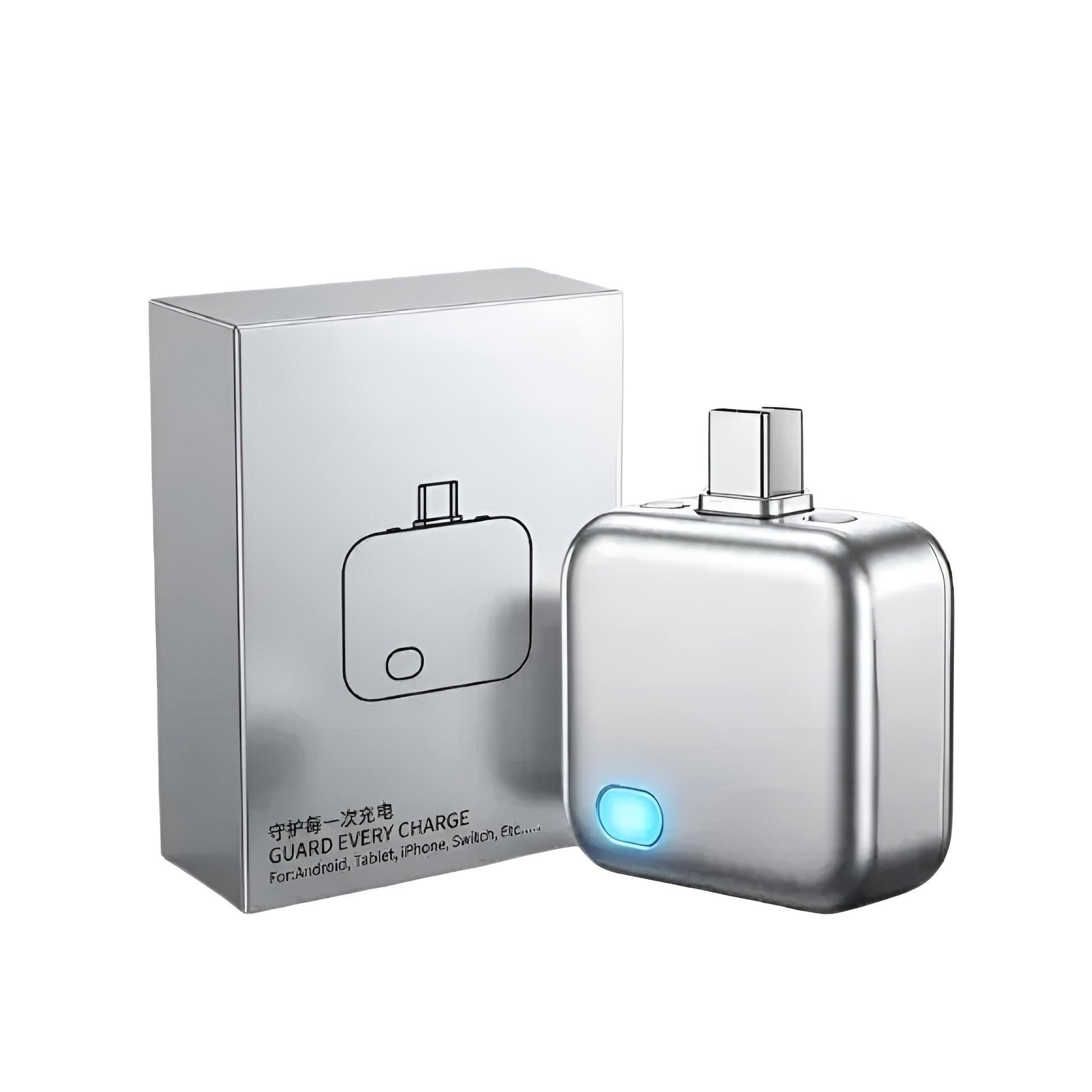 USB C charger protector connected between phone and charging cable
smart charging adapter shown with phone laptop and USB C cable
USB C inline charger protector with white and blue light modes
compact 140W charging separator for phone and laptop charging setup
charger adapter displayed with automatic current recognition mode