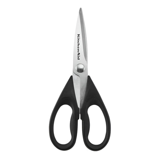 Stainless steel kitchen shears with black handles and white protective sheath

Dog kitchen scissors with metal blades and comfortable black grip handles

Heavy duty kitchen shears for cutting meat, herbs, and poultry

Professional kitchen scissors with protective blade cover on white background

Best kitchen scissors style with stainless steel blades and black handles