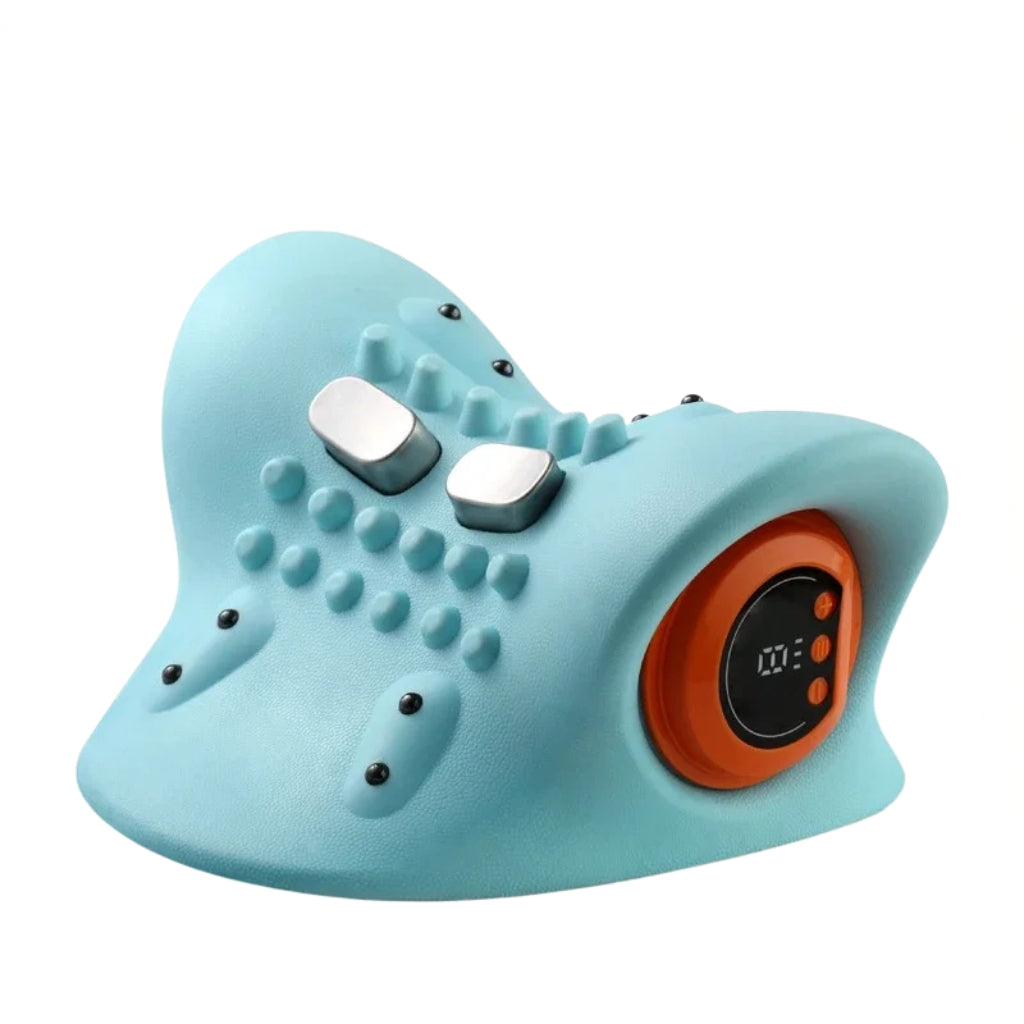 blue electric neck massager pillow with digital side control
neck massage pillow shown supporting a person’s neck and shoulders
electric hand massage machine style neck massager with raised pressure points
blue rubber neck massager for home relaxation use
battery powered neck massager displayed on white background
