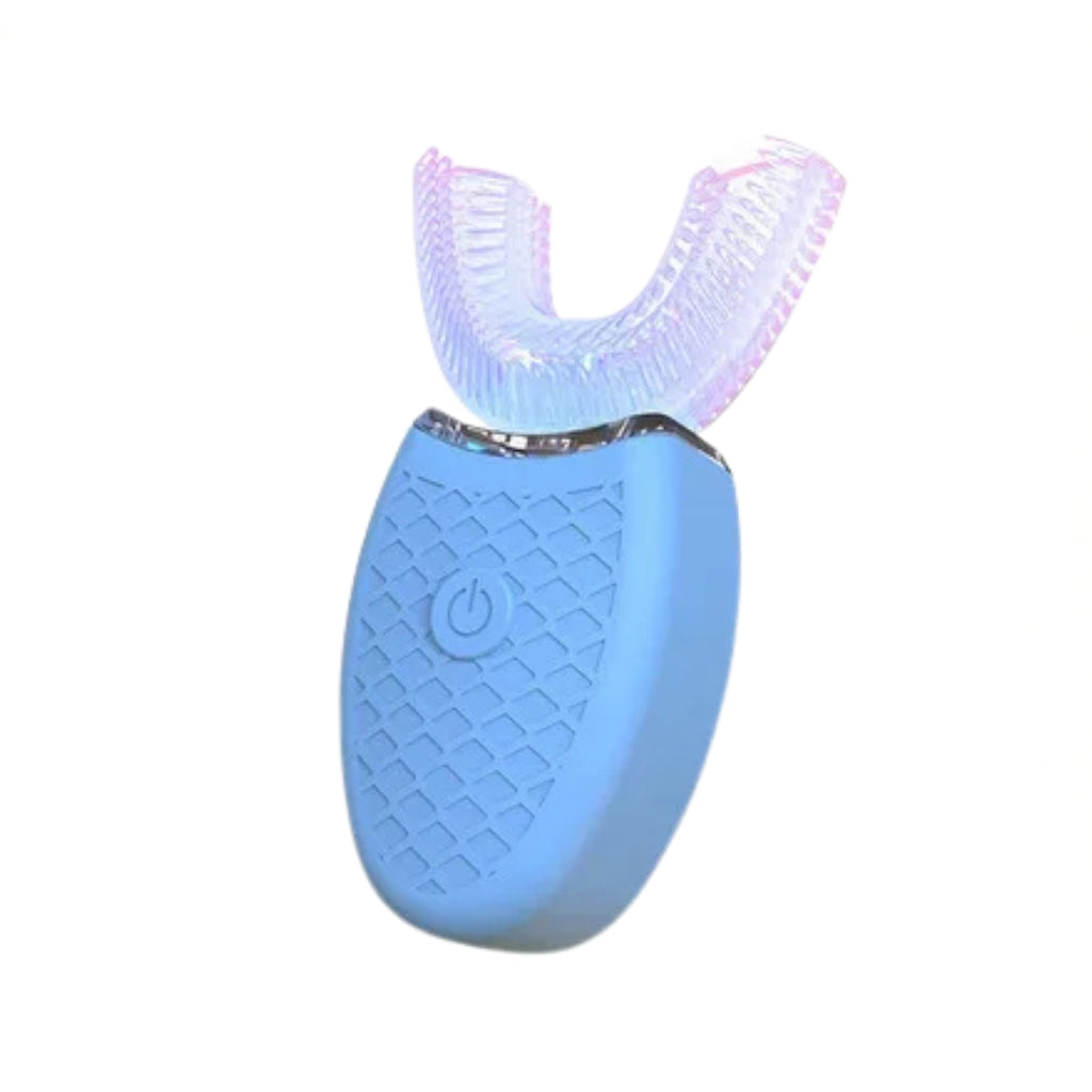 u shaped electric toothbrush with blue silicone mouthpiece
white automatic electric toothbrush shown on bathroom counter
electric toothbrush with U shaped brush head and vibration lines
rechargeable oral care toothbrush with soft silicone head
compact electric toothbrush with power button and blue brush head