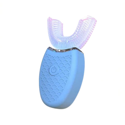 u shaped electric toothbrush with blue silicone mouthpiece
white automatic electric toothbrush shown on bathroom counter
electric toothbrush with U shaped brush head and vibration lines
rechargeable oral care toothbrush with soft silicone head
compact electric toothbrush with power button and blue brush head