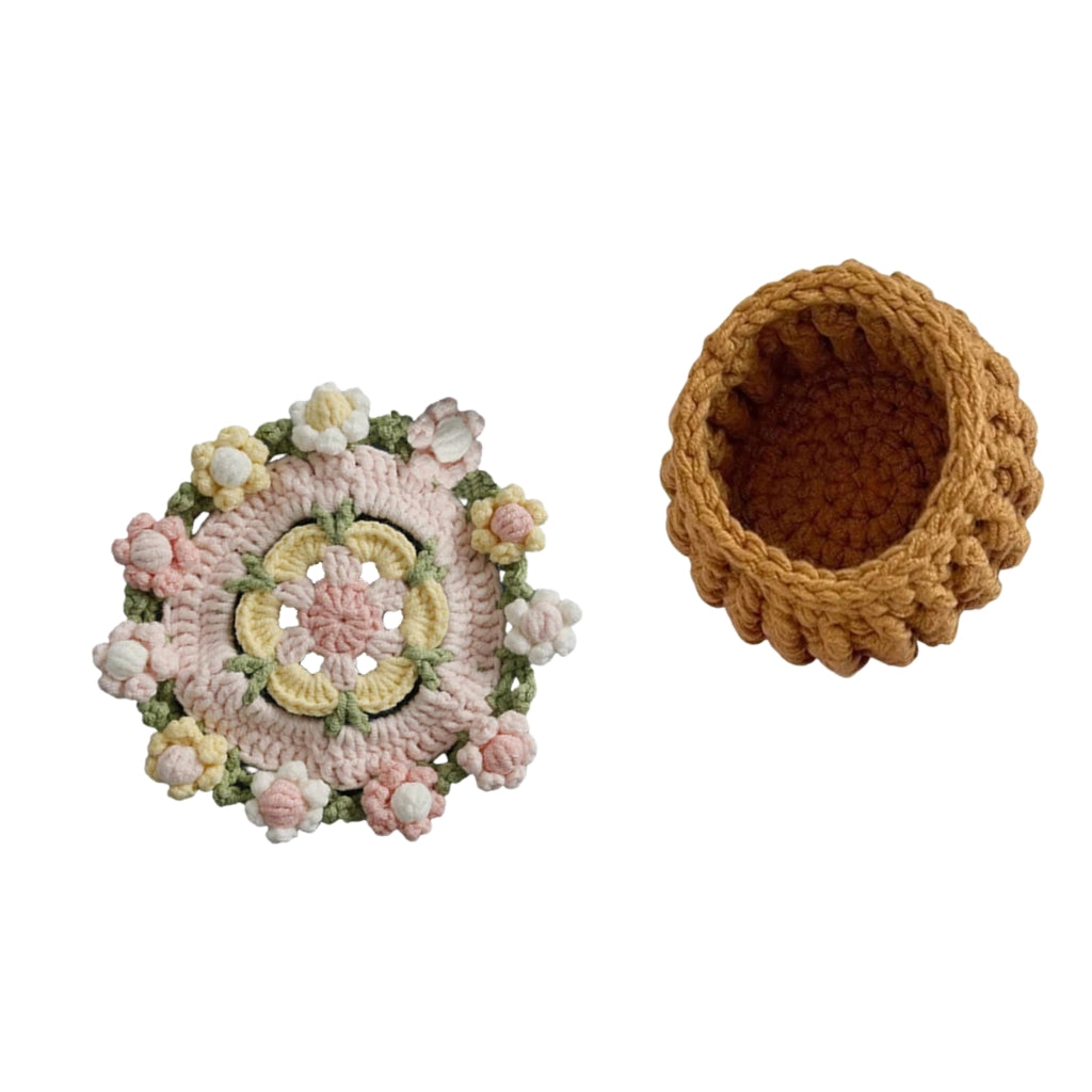 crochet flower coaster designed like a red rose bouquet in a woven basket
red rose crochet coasters arranged as a small flower bouquet
handmade style crochet flower coaster displayed on a table
crochet rose coasters with yellow basket shaped holder
red flower Coasters shown as cup pads and decorative bouquet