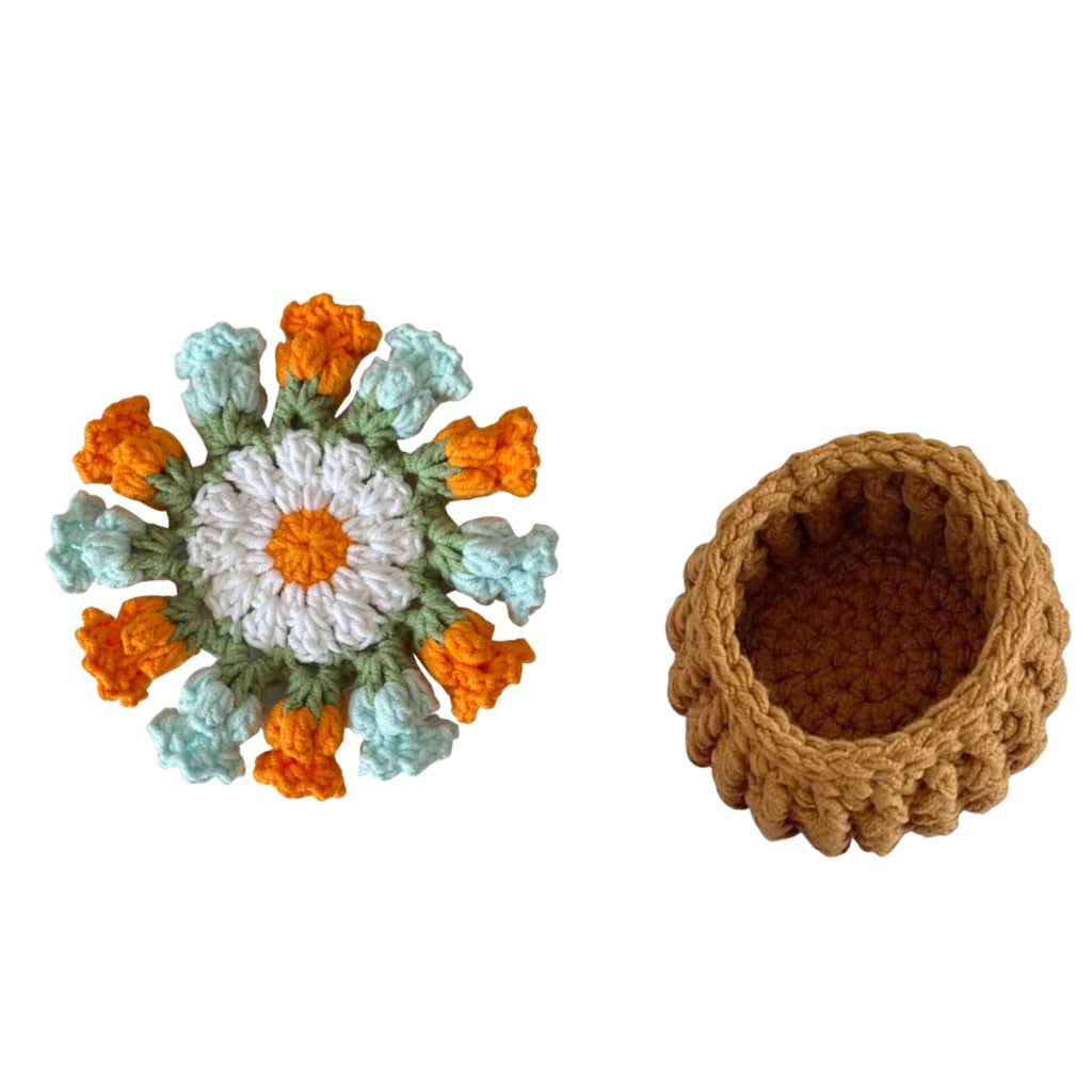 crochet flower coaster designed like a red rose bouquet in a woven basket
red rose crochet coasters arranged as a small flower bouquet
handmade style crochet flower coaster displayed on a table
crochet rose coasters with yellow basket shaped holder
red flower Coasters shown as cup pads and decorative bouquet
