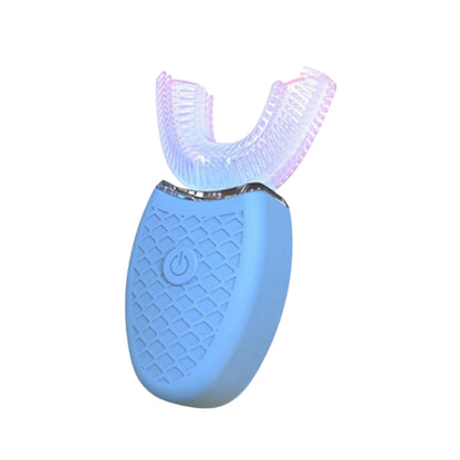 u shaped electric toothbrush with blue silicone mouthpiece
white automatic electric toothbrush shown on bathroom counter
electric toothbrush with U shaped brush head and vibration lines
rechargeable oral care toothbrush with soft silicone head
compact electric toothbrush with power button and blue brush head
