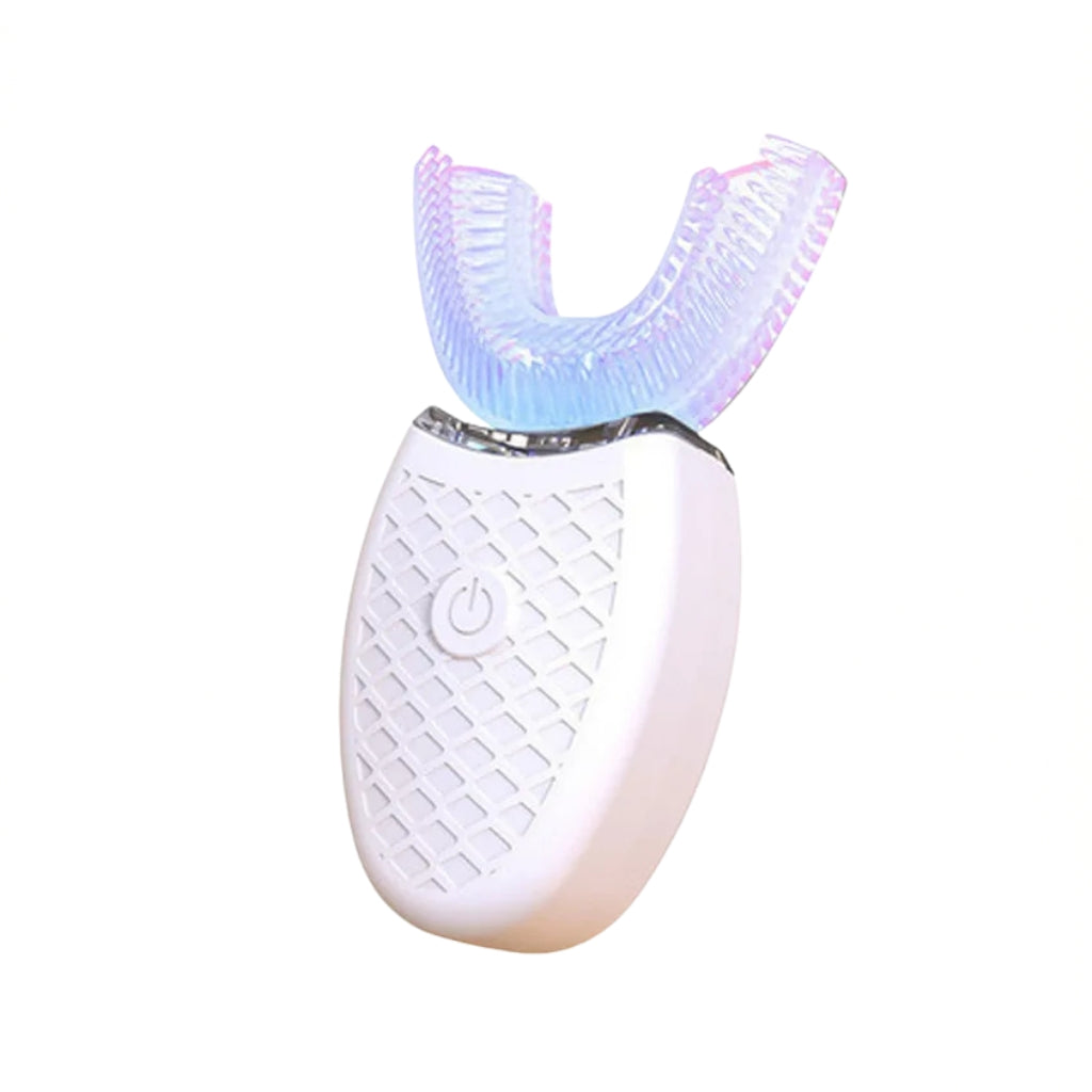 u shaped electric toothbrush with blue silicone mouthpiece
white automatic electric toothbrush shown on bathroom counter
electric toothbrush with U shaped brush head and vibration lines
rechargeable oral care toothbrush with soft silicone head
compact electric toothbrush with power button and blue brush head