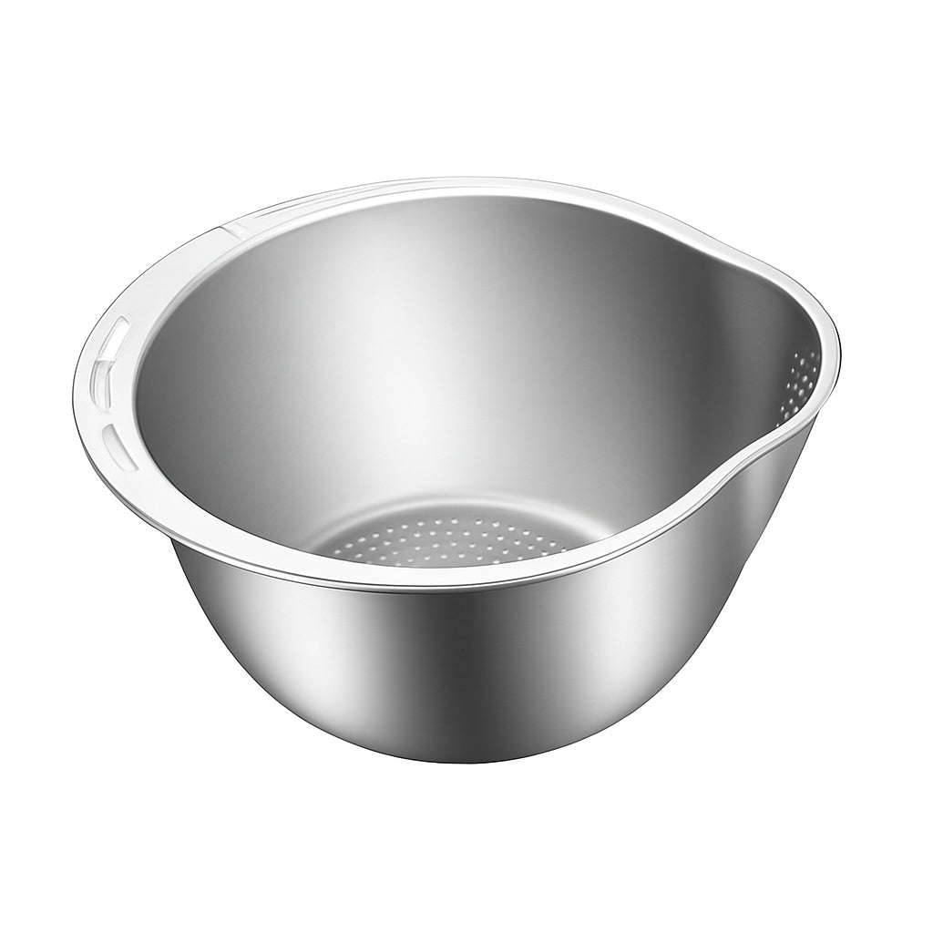 stainless steel rice strainer bowl rinsing rice at kitchen sink
rice strainer with drain holes pouring water from washed rice
metal colander bowl used for washing rice fruits and vegetables
kitchen strainer bowl with rice and water draining from side