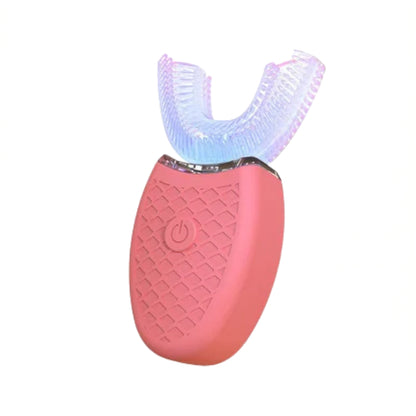 u shaped electric toothbrush with blue silicone mouthpiece
white automatic electric toothbrush shown on bathroom counter
electric toothbrush with U shaped brush head and vibration lines
rechargeable oral care toothbrush with soft silicone head
compact electric toothbrush with power button and blue brush head