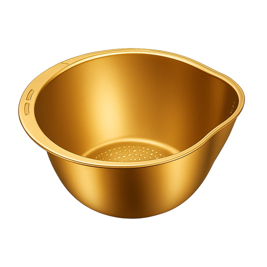 stainless steel rice strainer bowl rinsing rice at kitchen sink
rice strainer with drain holes pouring water from washed rice
metal colander bowl used for washing rice fruits and vegetables
kitchen strainer bowl with rice and water draining from side