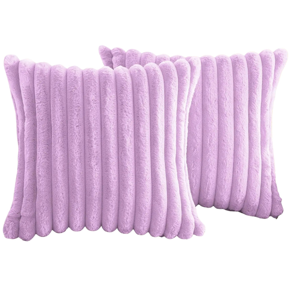 White faux fur throw pillow covers with striped texture on a sofa
Soft square cushion covers displayed on a light living room couch
Cream striped throw pillow covers used as sofa decor
Large plush pillow covers with faux rabbit fur texture on beige sofa
Solid white decorative pillow covers arranged in a cozy home setting