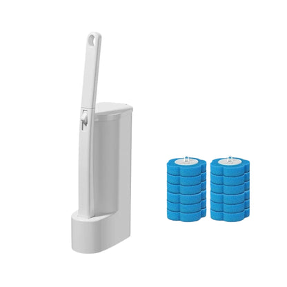 white toilet brushes & holders set with long handle design
disposable toilet brush with replaceable cleaning head in holder
bathroom toilet brush and holder placed beside toilet
white plastic toilet brush set with compact storage base