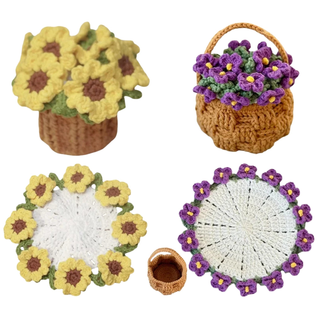 crochet flower coaster designed like a red rose bouquet in a woven basket
red rose crochet coasters arranged as a small flower bouquet
handmade style crochet flower coaster displayed on a table
crochet rose coasters with yellow basket shaped holder
red flower Coasters shown as cup pads and decorative bouquet