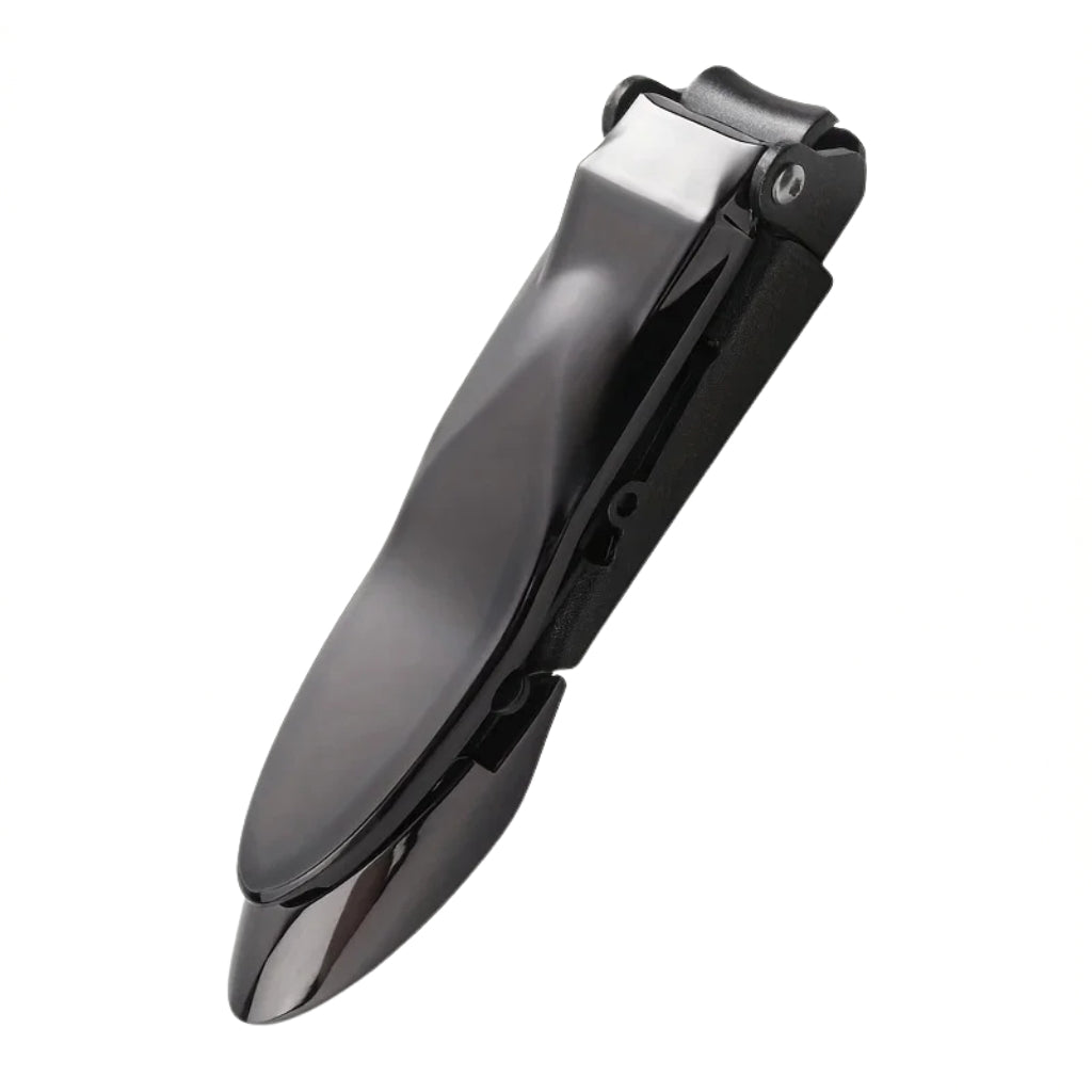 black stainless steel nail clippers with built in catcher
heavy duty nail clippers shown on a dark green background
men’s nail clippers with ergonomic lever and glossy finish
stainless steel fingernail clippers for personal grooming
close up of black nail clippers with self collecting design