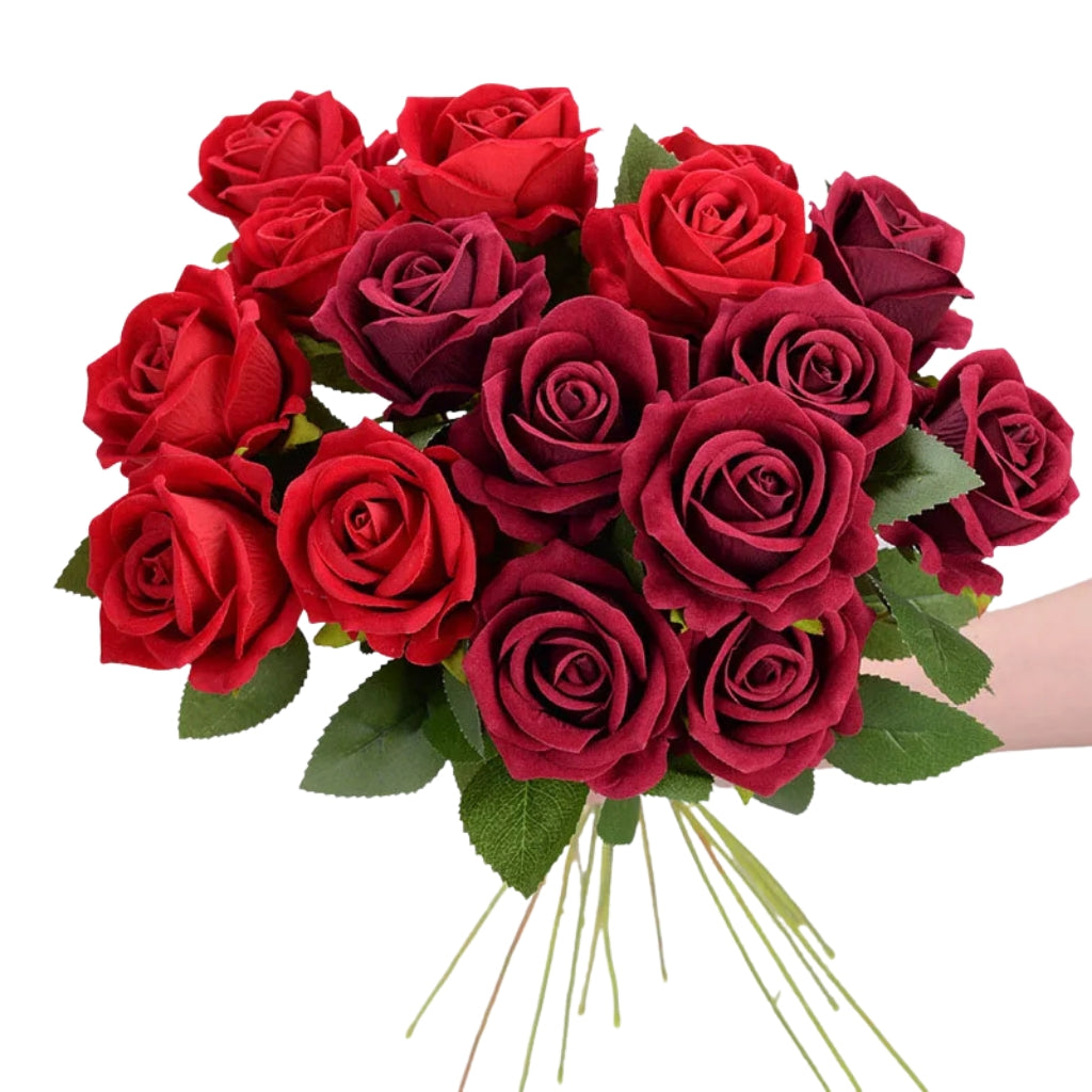 artificial red roses with long green stems for vase decor