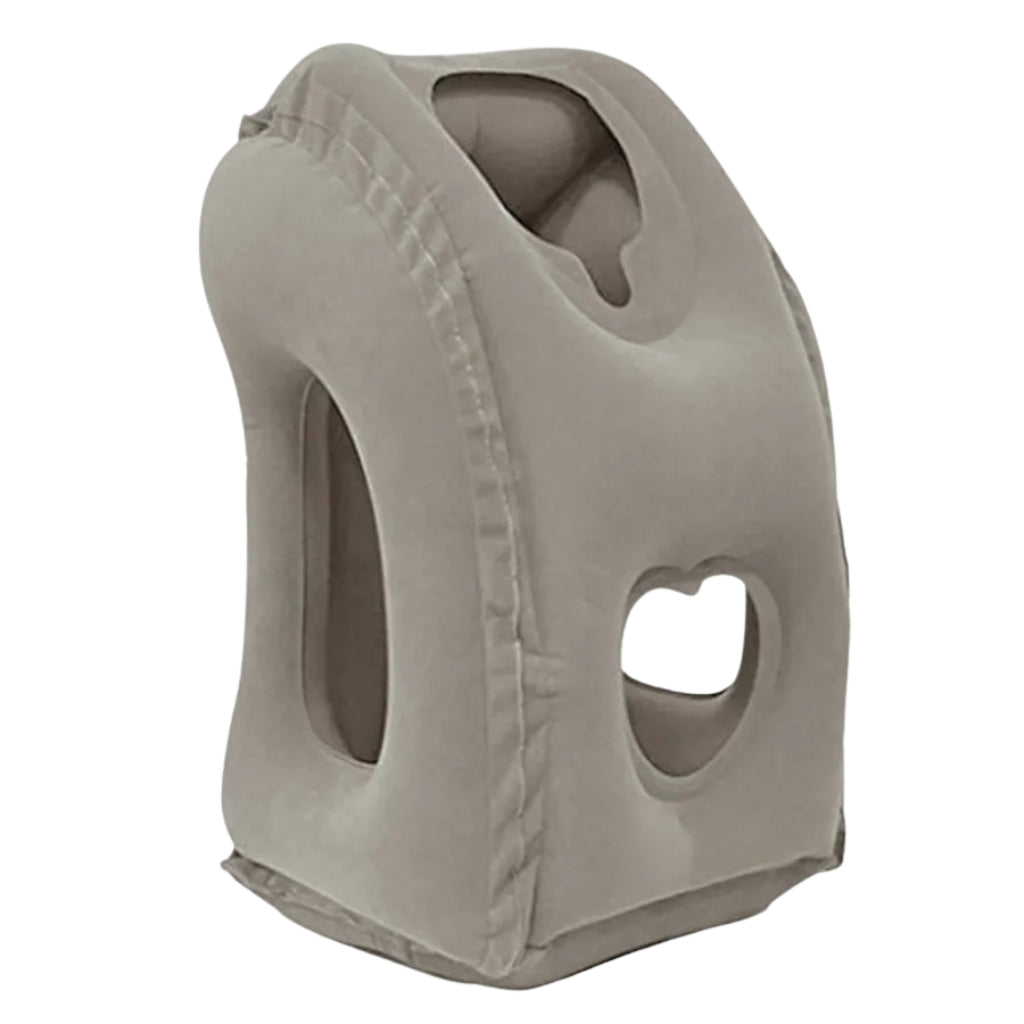 gray inflatable travel pillow with neck and head support
travel pillow for airplane sleeping and neck comfort
