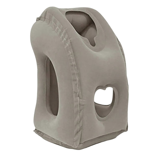 gray inflatable travel pillow with neck and head support
travel pillow for airplane sleeping and neck comfort