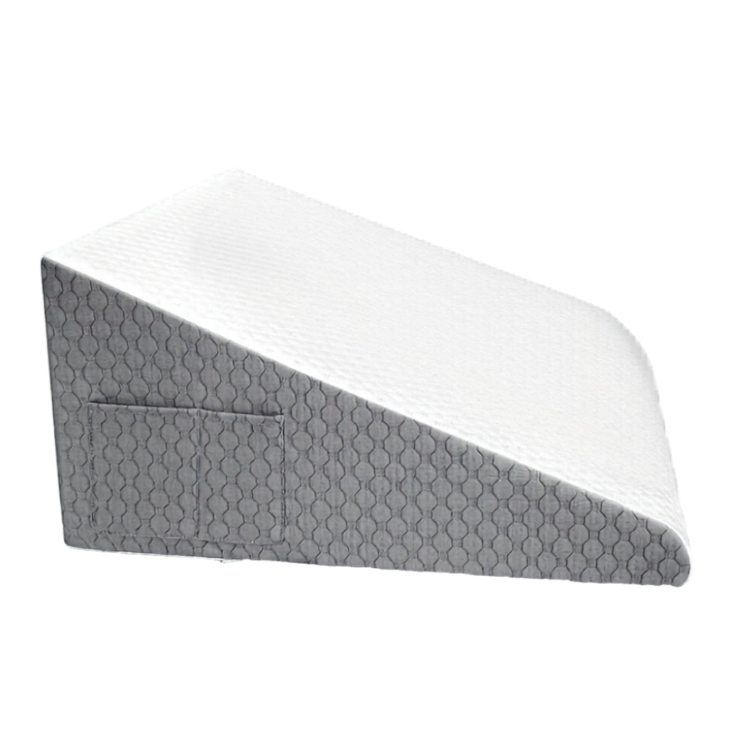 Wedge pillow for sleeping with breathable foam top, gray and white design
Elevated bed wedge pillow for head and back support, ideal for acid reflux
Portable wedge pillow with 2 pockets for remote control and glasses storage
Comfortable foam wedge pillow for post-surgery recovery, leg elevation
Memory foam wedge pillow for sleeping, gray and white cover, ergonomic design