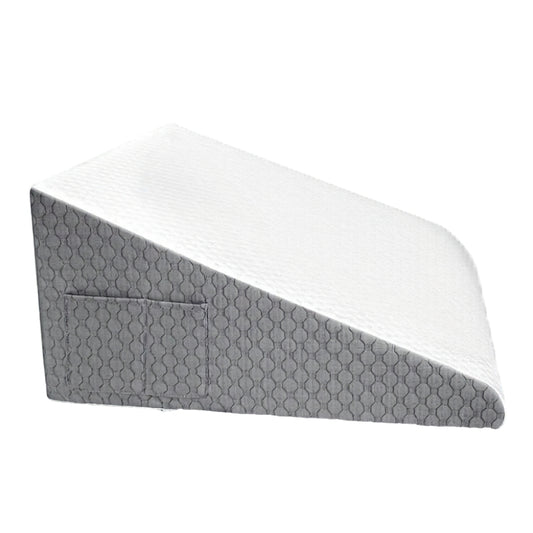Wedge pillow for sleeping with breathable foam top, gray and white design
Elevated bed wedge pillow for head and back support, ideal for acid reflux
Portable wedge pillow with 2 pockets for remote control and glasses storage
Comfortable foam wedge pillow for post-surgery recovery, leg elevation
Memory foam wedge pillow for sleeping, gray and white cover, ergonomic design