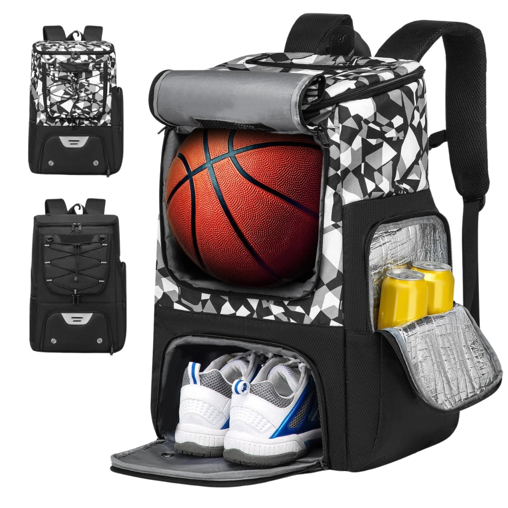 black basketball backpack with shoe compartment and front zipper pockets
sports backpack shown with basketball gear, shoes, water bottle, and accessories
black basketball bag with padded straps and multiple storage compartments
large sports backpack with ventilation panel and front organizer pocket
basketball backpack displayed beside jerseys, ball, shoes, and training items