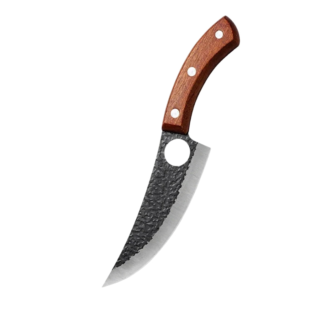 Hand forged kitchen knife with wooden handle on a white kitchen counter