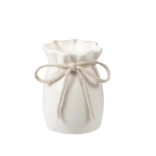 white flower vase with bow rope detail and scalloped top edge
plastic white vase with decorative bow for tabletop home decor
white tabletop flower vase with soft curved shape and rope bow
modern white vase for living room bedroom or office decoration