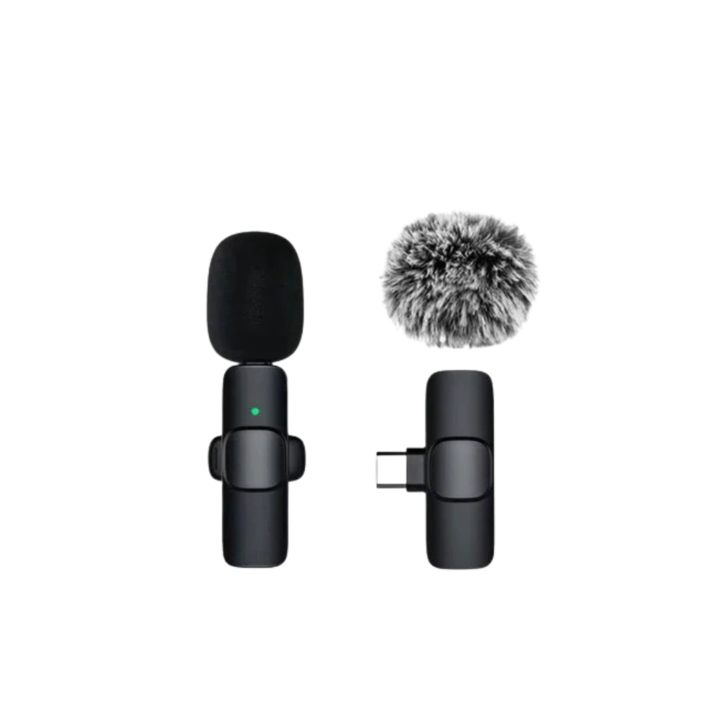 wireless microphone connected to a smartphone with USB C receiver
small lavalier microphone held beside a phone for recording
plug and play wireless microphone set with transmitter and receiver
portable microphones for phone video recording and live streaming
wireless lavalier mic shown with smartphone connection steps