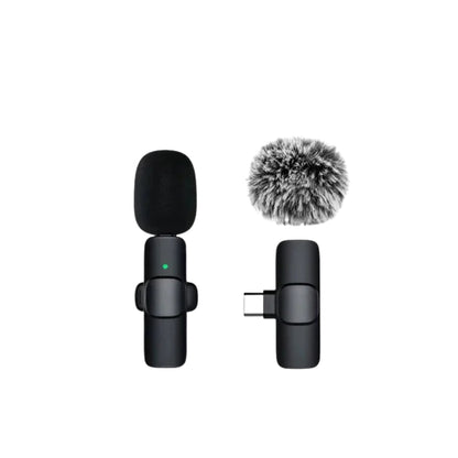 wireless microphone connected to a smartphone with USB C receiver
small lavalier microphone held beside a phone for recording
plug and play wireless microphone set with transmitter and receiver
portable microphones for phone video recording and live streaming
wireless lavalier mic shown with smartphone connection steps