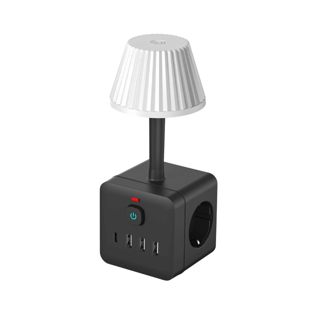 power strip with desk lamp plugged into a wall outlet beside a bed
power strips and surge protectors with USB ports charging phone and tablet
white surge protector power strip with built in bedside lamp
8 in 1 power strip with three outlets USB ports and desk lamp
compact power strip shown on a nightstand with warm lamp light