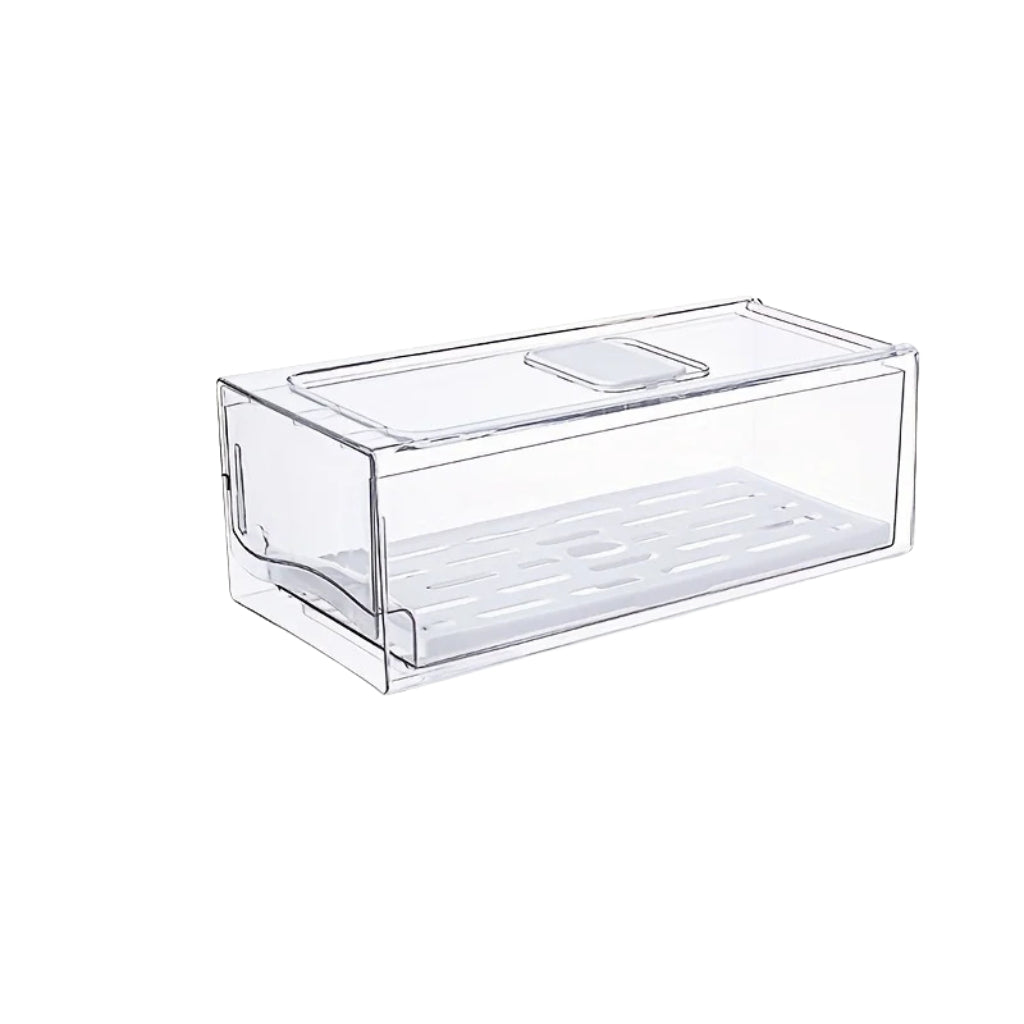 Clear refrigerator organizers stacked with tomatoes, meat, and bell peppers

Plastic storage bins with pull-out drawers for fridge food organization

Transparent storage bins drawer holding vegetables and food items

Refrigerator organizers with clear drawers for fruits and fresh food

Clear plastic storage container used inside a kitchen refrigerator setup