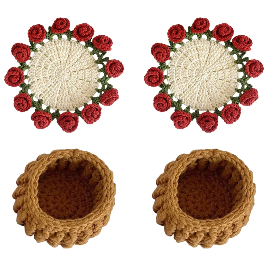 crochet flower coaster designed like a red rose bouquet in a woven basket
red rose crochet coasters arranged as a small flower bouquet
handmade style crochet flower coaster displayed on a table
crochet rose coasters with yellow basket shaped holder
red flower Coasters shown as cup pads and decorative bouquet