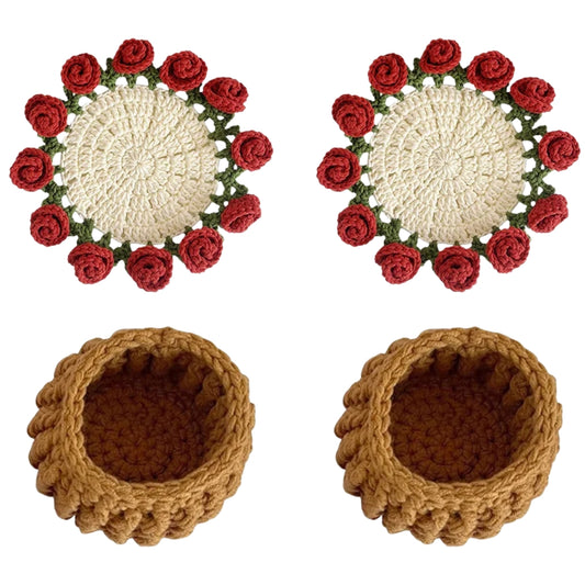 crochet flower coaster designed like a red rose bouquet in a woven basket
red rose crochet coasters arranged as a small flower bouquet
handmade style crochet flower coaster displayed on a table
crochet rose coasters with yellow basket shaped holder
red flower Coasters shown as cup pads and decorative bouquet