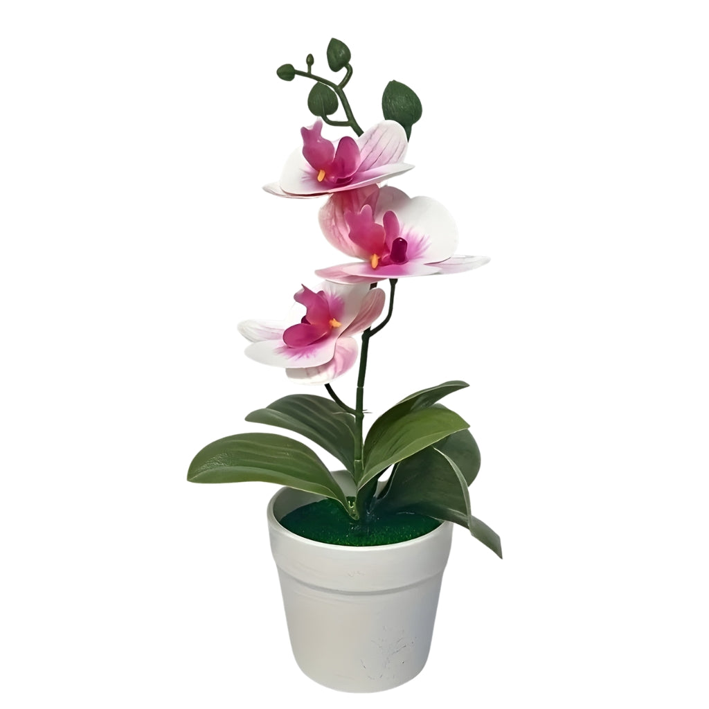 artificial plant orchid with pink and white flowers in a white pot
faux orchid tabletop decor with green leaves and striped petals
artificial orchid flowers arrangement in white planter for indoor decor
potted artificial plant with orchid blooms for home or office display