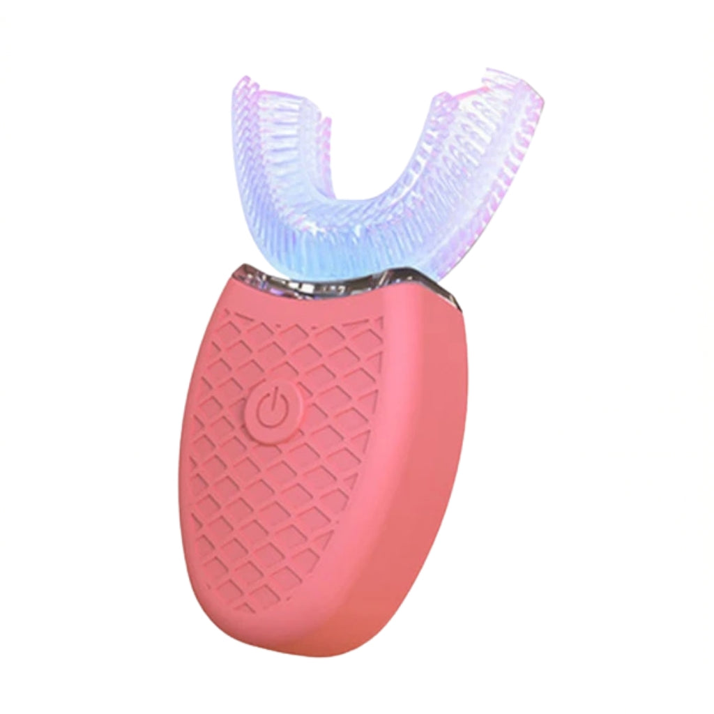 u shaped electric toothbrush with blue silicone mouthpiece
white automatic electric toothbrush shown on bathroom counter
electric toothbrush with U shaped brush head and vibration lines
rechargeable oral care toothbrush with soft silicone head
compact electric toothbrush with power button and blue brush head