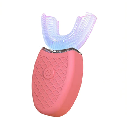 u shaped electric toothbrush with blue silicone mouthpiece
white automatic electric toothbrush shown on bathroom counter
electric toothbrush with U shaped brush head and vibration lines
rechargeable oral care toothbrush with soft silicone head
compact electric toothbrush with power button and blue brush head
