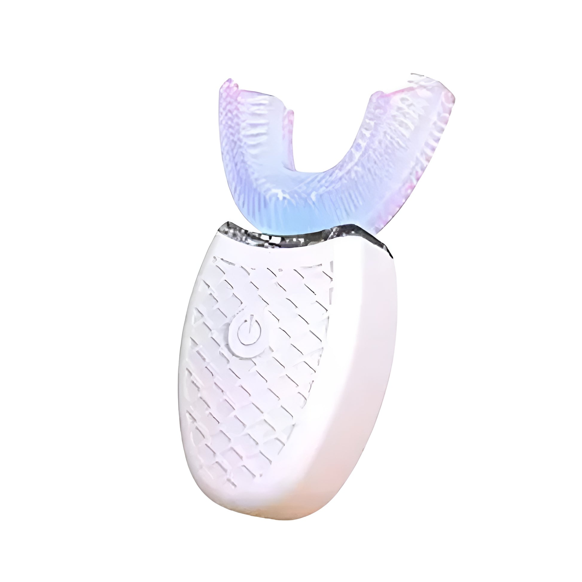u shaped electric toothbrush with blue silicone mouthpiece
white automatic electric toothbrush shown on bathroom counter
electric toothbrush with U shaped brush head and vibration lines
rechargeable oral care toothbrush with soft silicone head
compact electric toothbrush with power button and blue brush head