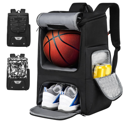 black basketball backpack with shoe compartment and front zipper pockets
sports backpack shown with basketball gear, shoes, water bottle, and accessories
black basketball bag with padded straps and multiple storage compartments
large sports backpack with ventilation panel and front organizer pocket
basketball backpack displayed beside jerseys, ball, shoes, and training items