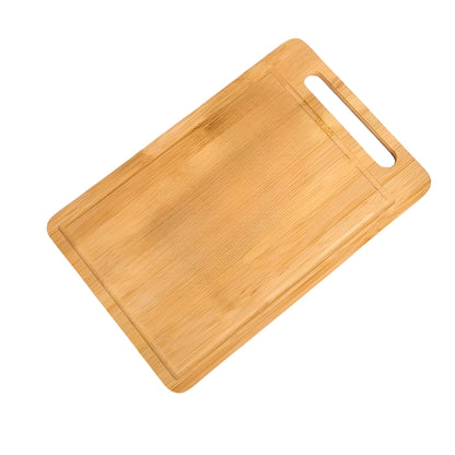 Natural bamboo cutting boards in three sizes standing on a kitchen counter
WXCOO bamboo chopping board set with rectangular wooden boards
Large cutting board made of bamboo displayed upright in kitchen setting
Double sided bamboo cutting boards with handle slot on dark background
Wooden cutting boards for kitchen prep shown beside food ingredients